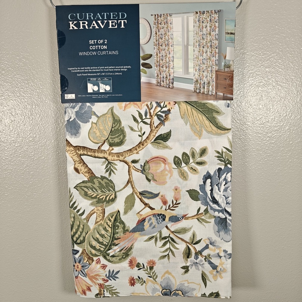 Curated Kravet 2 pc Window Curtains Jacobean Floral Birds Cotton 50" x 96" New